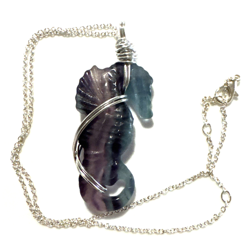 Rainbow Fluorite Seahorse Necklace Jewelry Silver Tone Genuine Stone Blue Purple